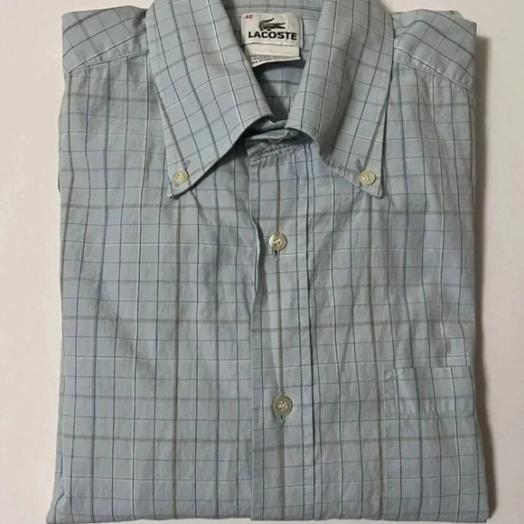 Lacoste Mens Long Sleeve Cotton Button Down Check Shirt 40 - Light Blue - Picture 4 of 5